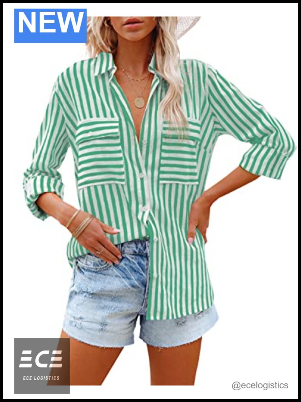 V Neck Button Down Shirt Long Sleeve Striped Blouse with Pockets